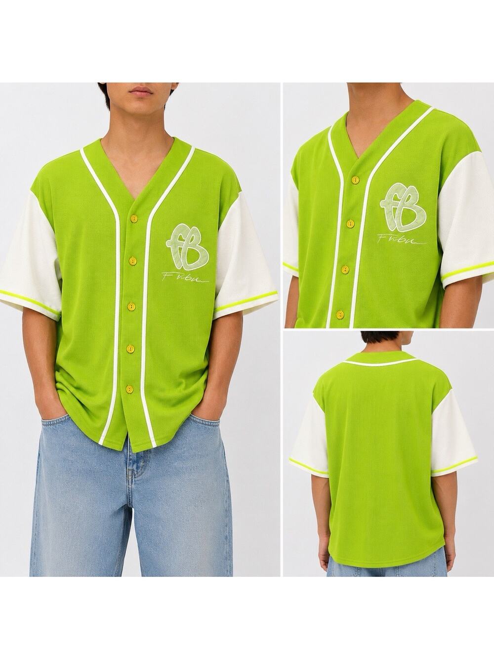 FUBU Baseball Jersey XL Lime Green White Button Front Y2K Streetwear Mens USA